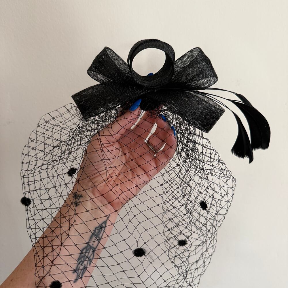 Vintage Black Feather Fascinator with Dot Birdcage Veil
